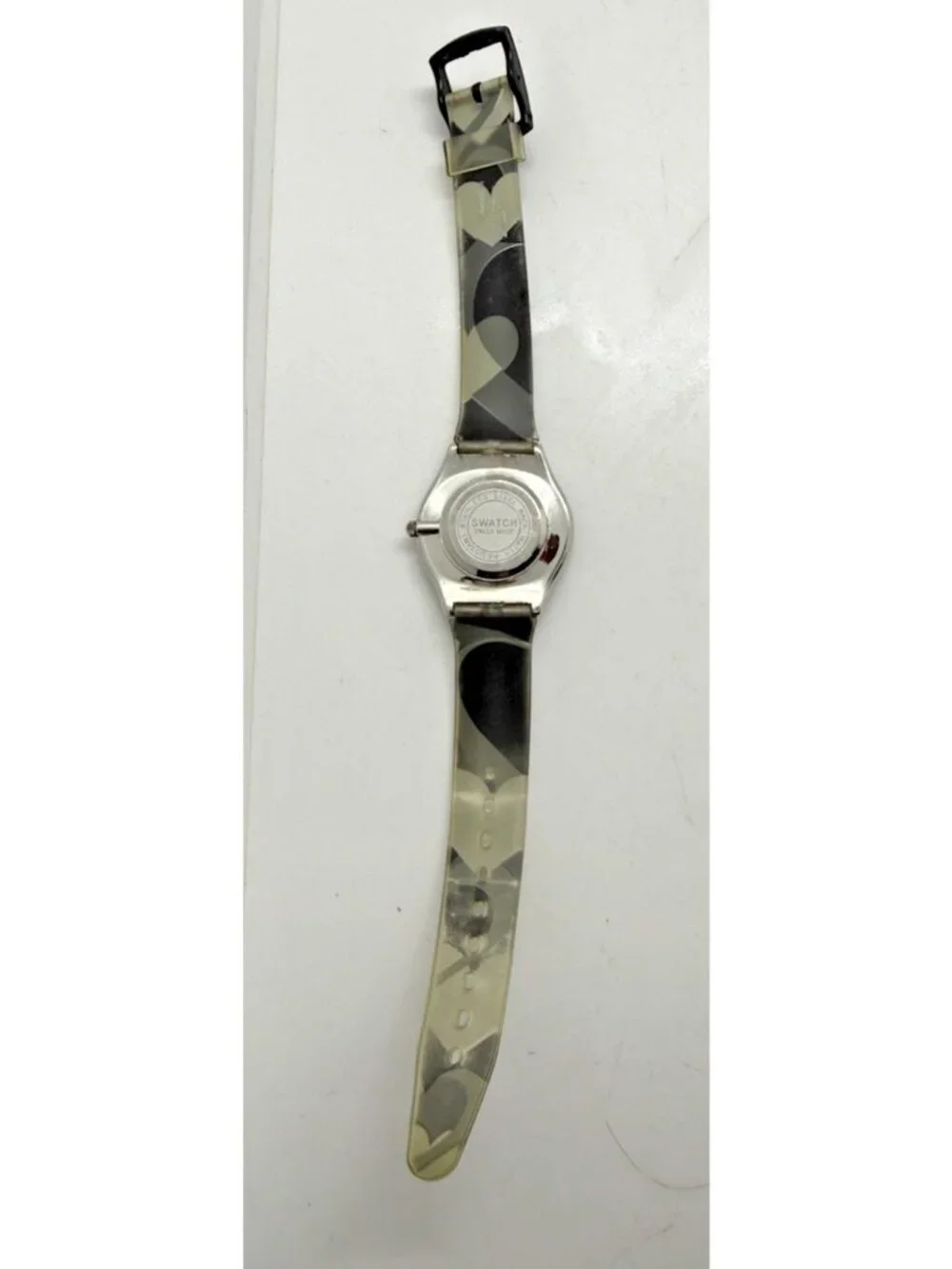 Swatch AG200 Women's Watch Hearts Silver Tone Case Gray Blue Plastic Band Quartz